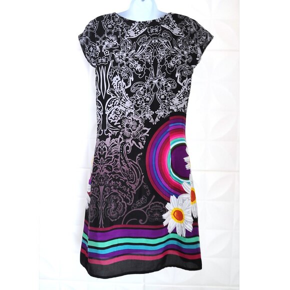 Rainbow Daisy Flower Black Dress Lined Boho Midi Short Sleeve M - Picture 10 of 13